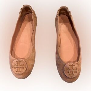 Tory Burch Taupe Suede Ballet Flats with Signature Logo